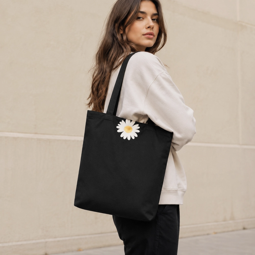 Black Daisy Print Cotton Canvas Tote Bag Black Daisy Print Cotton Canvas Tote Bag