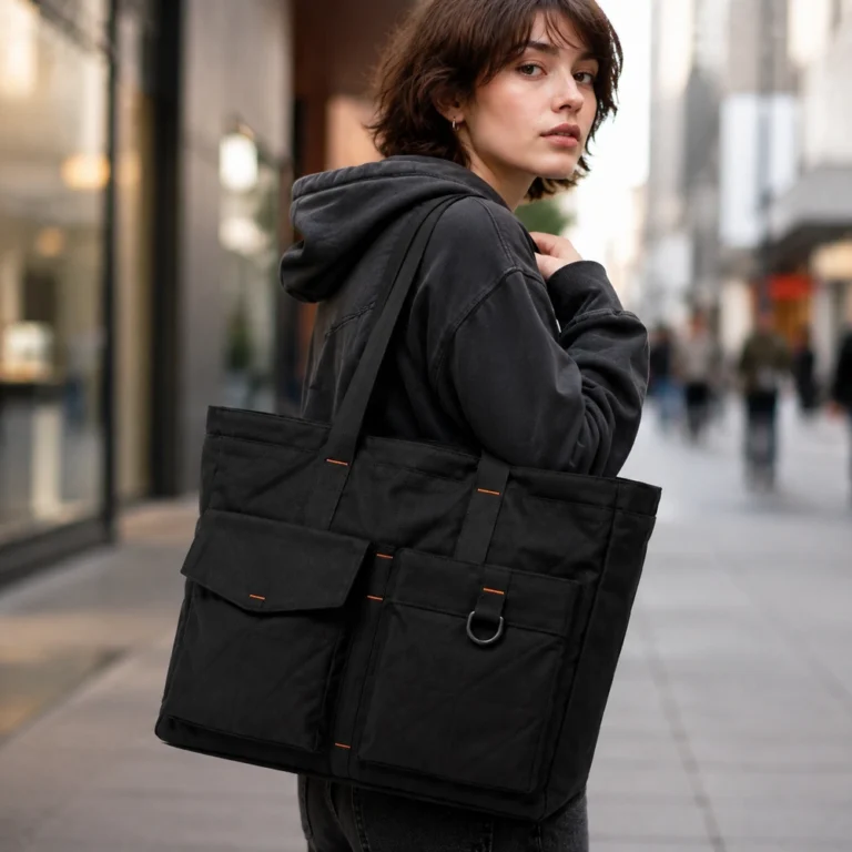 Black Canvas Tote Bag with Front Pockets