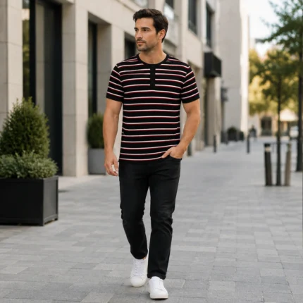 Custom Men Striped Cotton Henley T-Shirt