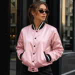 Custom Women Pink Satin Varsity Jacket
