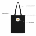 Black Daisy Print Cotton Canvas Tote Bag