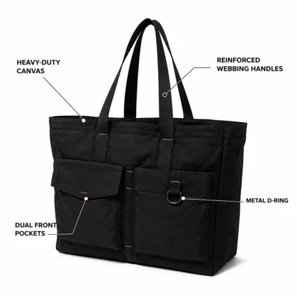 Black Canvas Tote Bag with Front Pockets