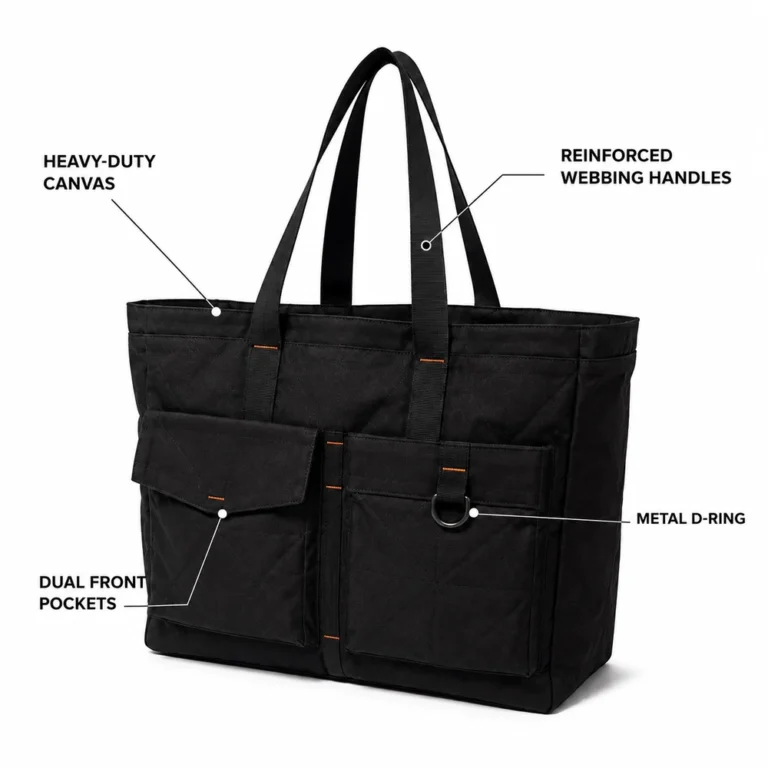 Black Canvas Tote Bag with Front Pockets