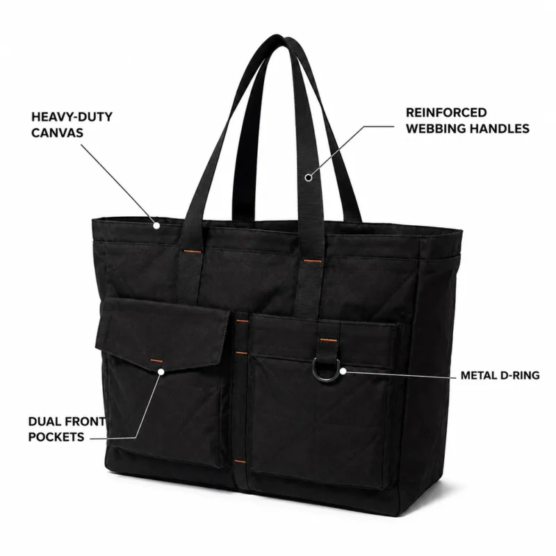 Black Canvas Tote Bag with Front Pockets