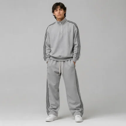Custom Grey Stripe Wide-Leg Tracksuit