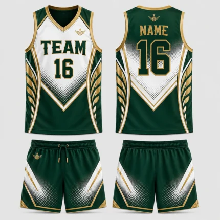 Custom Green, White & Sublimated Basketball Uniform