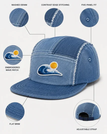 Custom Wave Blue Denim 5-Panel Fashion Cap