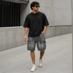 Men Grey Acid-Wash Denim Cargo Shorts