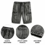 Men Grey Acid-Wash Denim Cargo Shorts