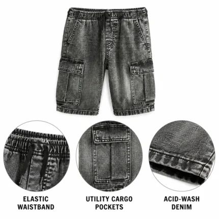Men Grey Acid-Wash Denim Cargo Shorts