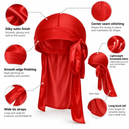 Custom Red Silky Satin Durag Long Tail
