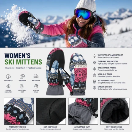 Women’s Patterned Waterproof Thermal Ski Mittens with Non-Slip Palm